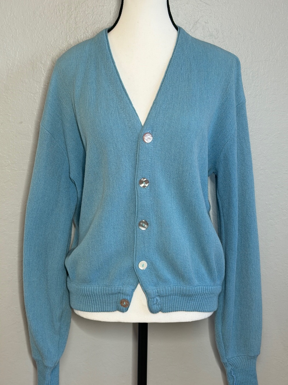 Vintage 60s 70s Baby Blue Knit Cardigan Sweater Iridescent Buttons Grandmacore